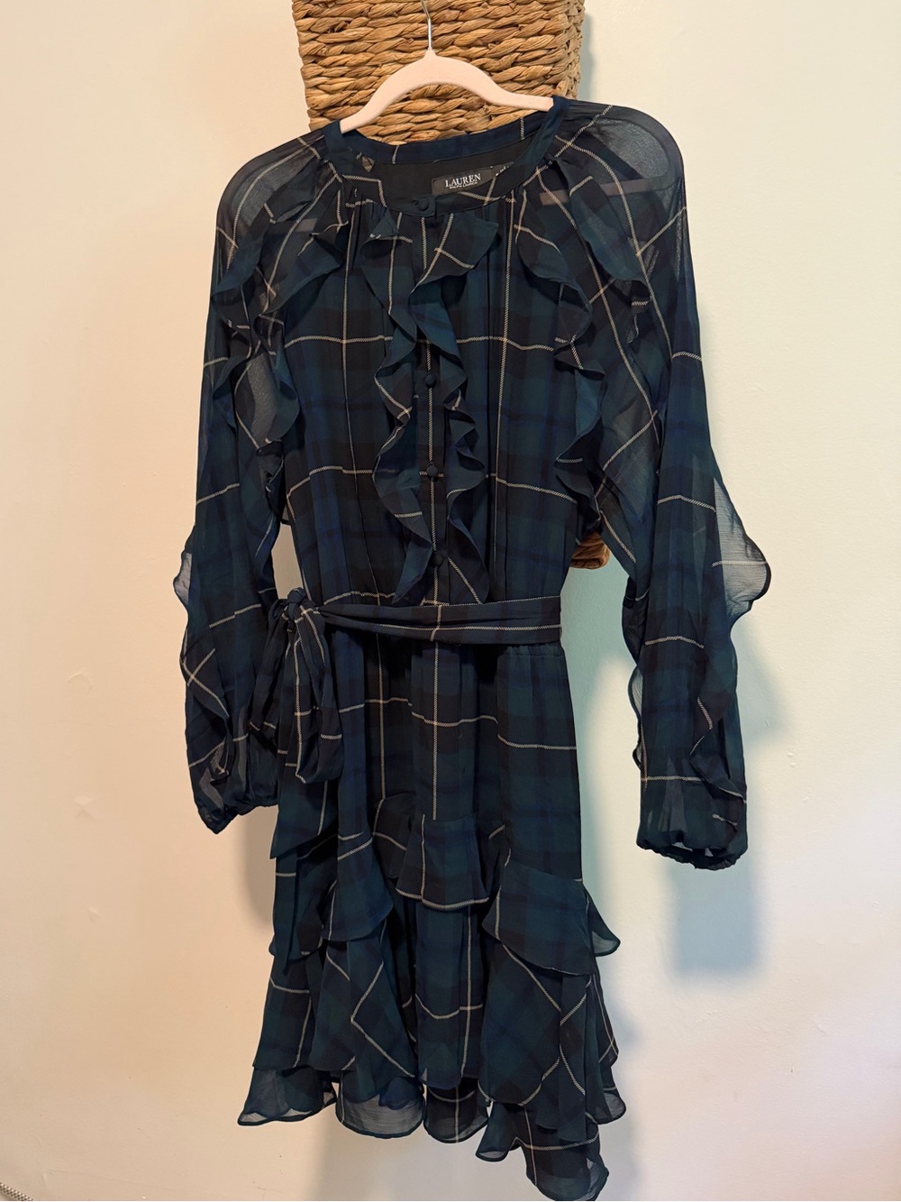 Lauren Ralph Lauren Size 16 Plaid Chiffon Ruffle Dress